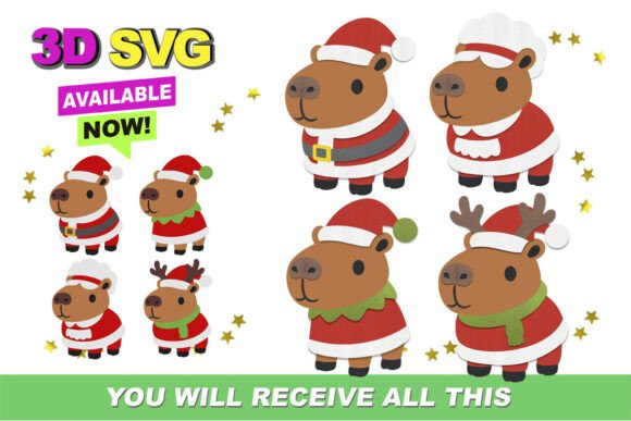 Christmas Capybara 3D SVG and Clipart for Crafts