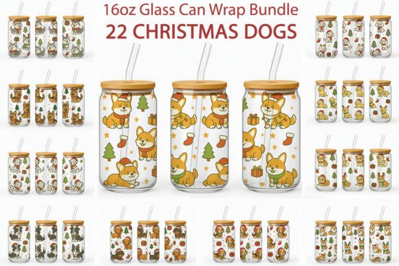 Christmas Dogs 16oz Glass Can Wrap PNG and Crafts