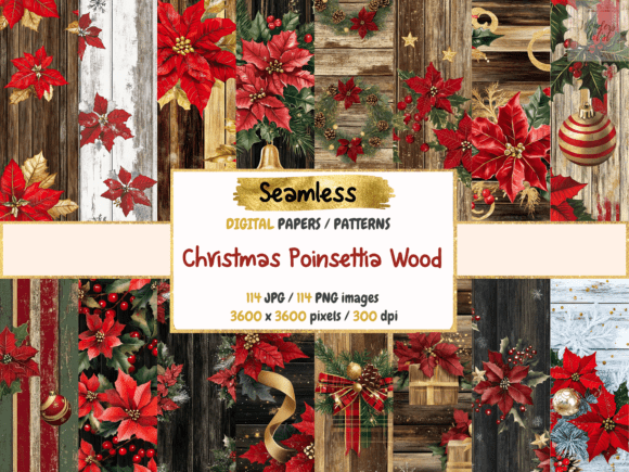 Christmas Poinsettia Wood Seamless Paper Patterns for Real Crafting Projects