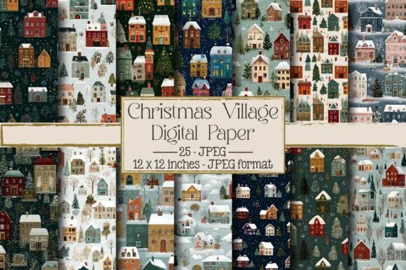 Christmas Village Digital Paper for Backgrounds